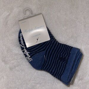 Ralph Lauren NEW Baby Sock 3 Pack Sz 0/6M Blue Striped White embroidered Pony